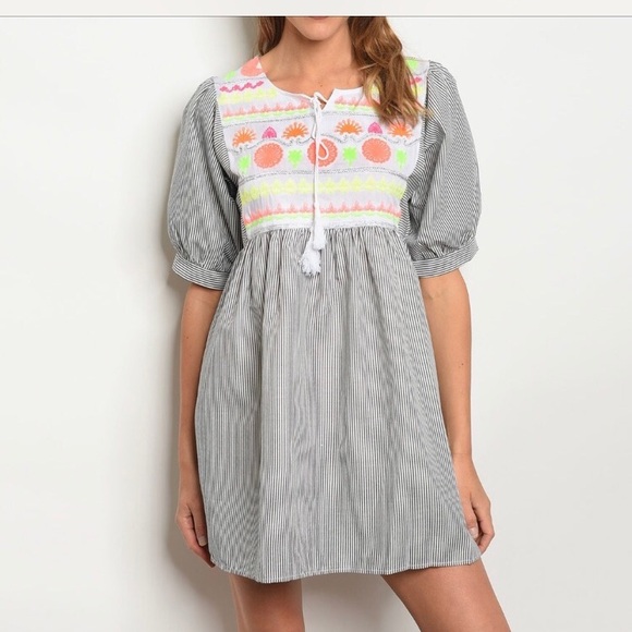 Black Pinstripe Dress with Embroidery - Picture 2 of 4